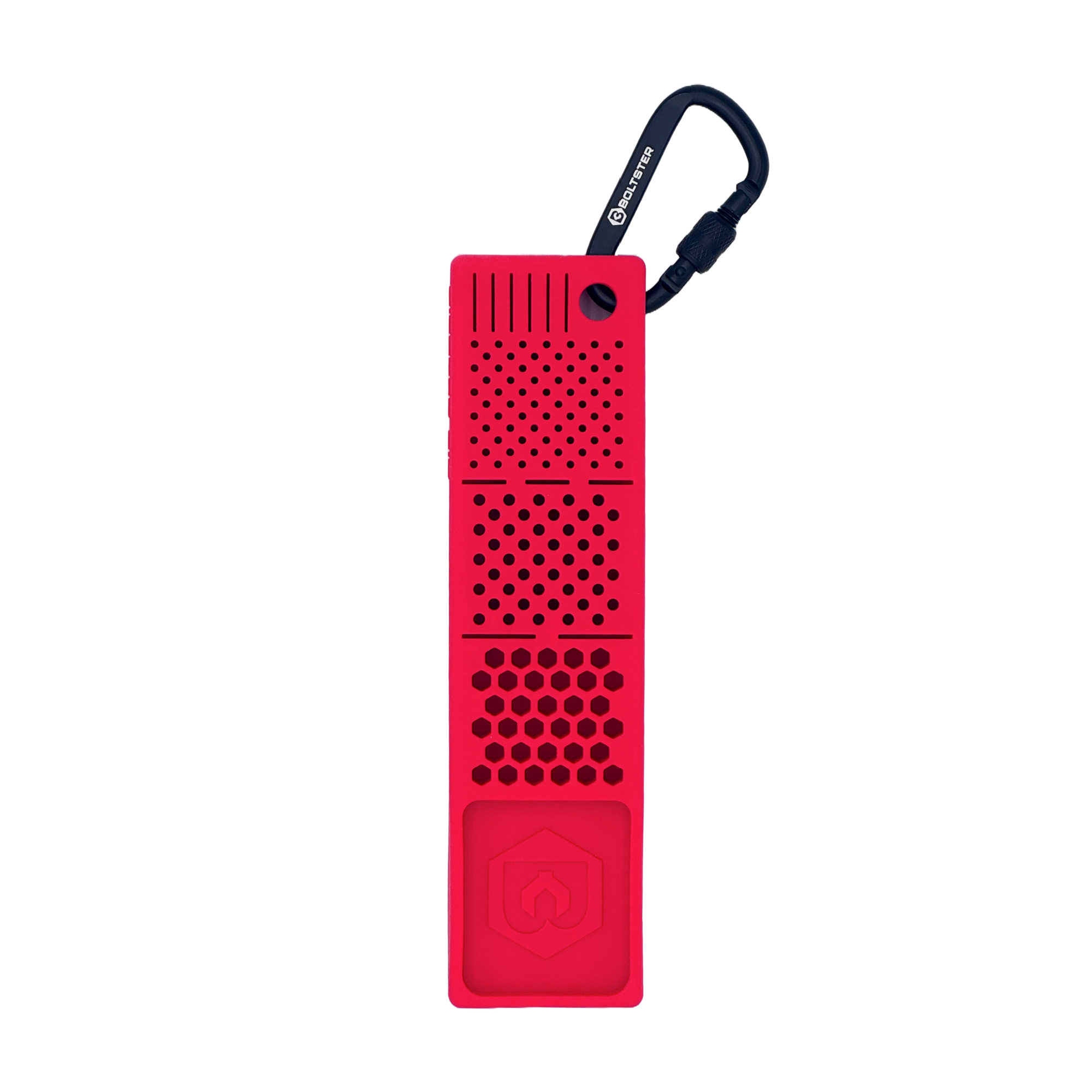 A red Bitster 2.0 tool storage and organization device with a silicone body and a metal bit holder on top.