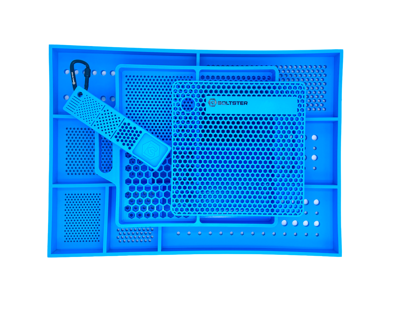 A blue storage tote with various compartments and hooks, likely made of plastic, designed for organizing various household items.