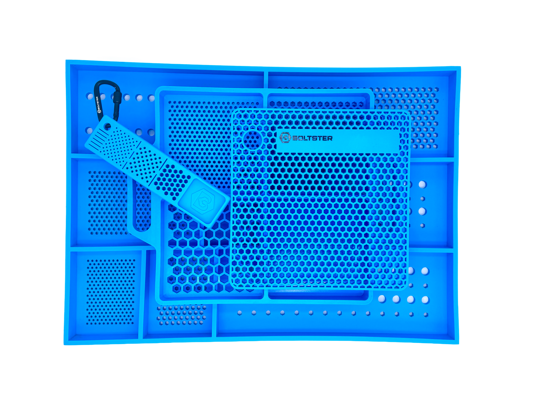 A blue storage tote with various compartments and hooks, likely made of plastic, designed for organizing various household items.