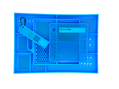 A blue storage tote with various compartments and hooks, likely made of plastic, designed for organizing various household items.